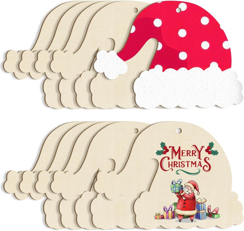 Sophena Large Christmas Wooden Ornaments to Paint 10Pcs, DIY Blank Unfinished Santa Hat Wood Cutout Ornament for Crafts Hanging Decorations, Halloween Thanksgiving Wedding Birthday Party Decoration - Image 1